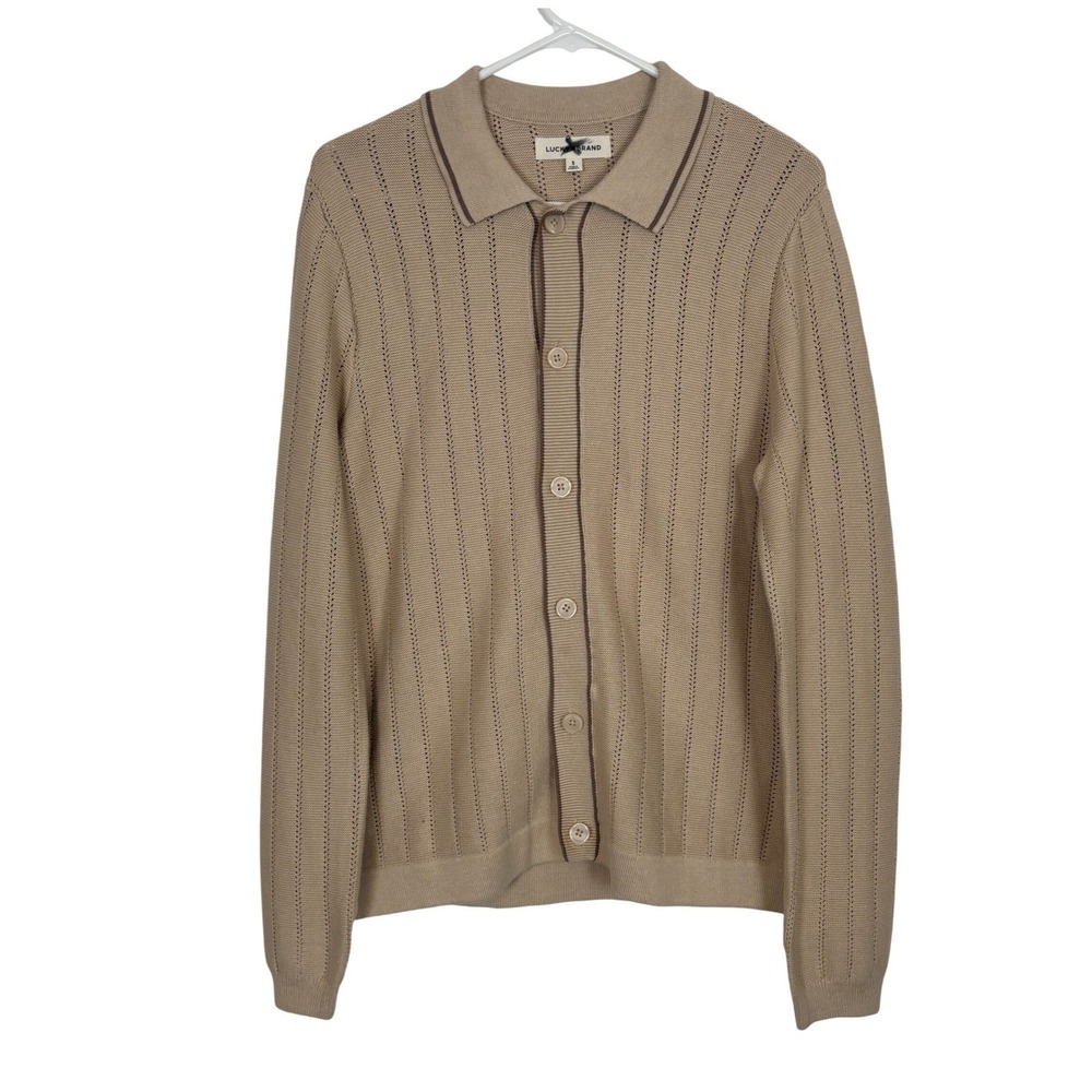 Lucky Brand Men's Cardigan Tan Pointelle Knit Polo Button Up Vintage Preppy S